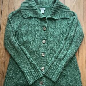 LL Bean Green Cable Marled Collar Button Wool Blend Cardigan Sweater XL